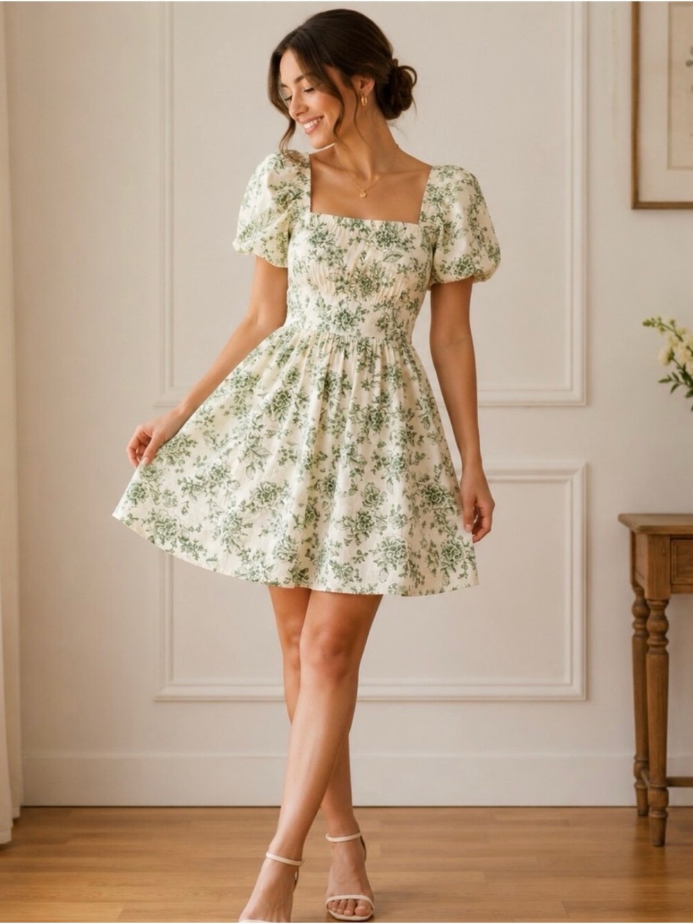 Rachel Parcell Cream Mini Dress with Green Floral Print